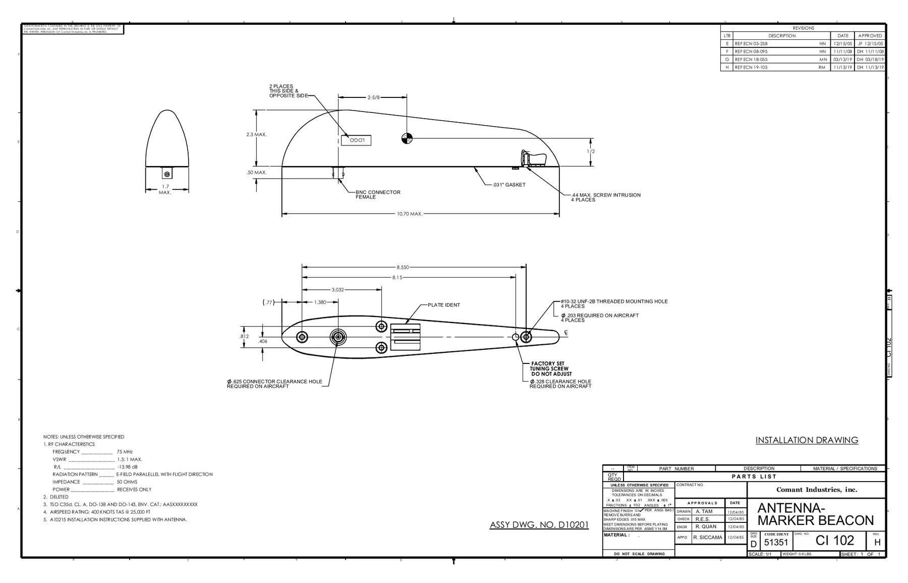 Comant CI-102 reference product drawing — dimensions and mounting layout